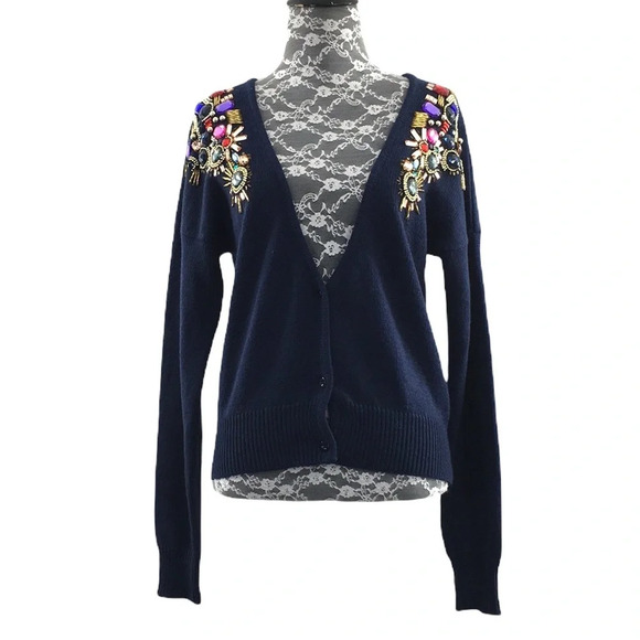 Asos‎ Revive Navy Cardigan Sweater Womens 6 Rhinestone Embroidered Embellished - Picture 2 of 13